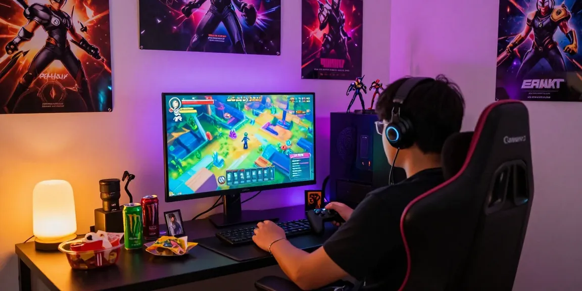 Gamer immersed in hentaigames, vibrant setup with themed décor and snacks