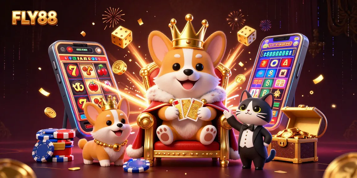 FLY88 showcases a royal corgi on a poker chip throne, bursting jackpot excitement in an online casino atmosphere.