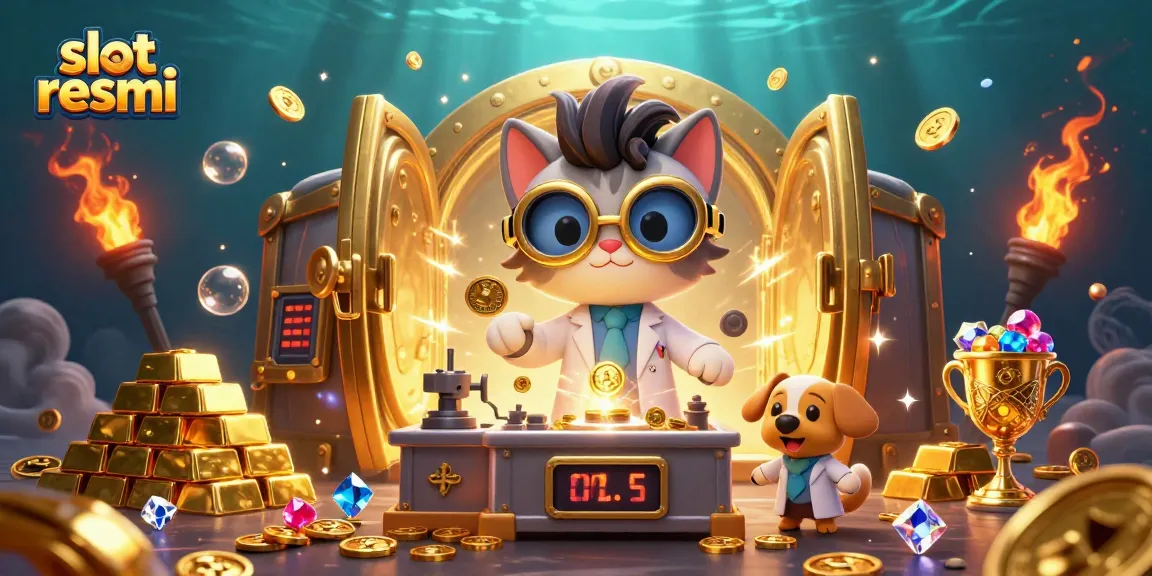 Engaging illustration showcasing a dynamic slot resmi experience with a cartoon cat and dog amid jackpots and treasures.