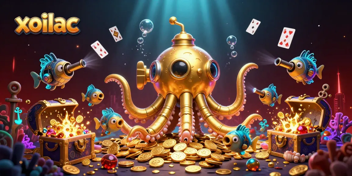 Experience exciting gameplay with xoilac - featuring a cartoon kraken submarine and vibrant treasure elements.