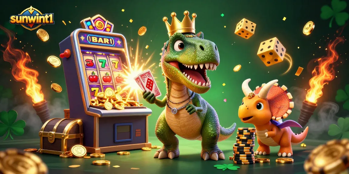 Engage with sunwint1's thrilling casino scene featuring a T-Rex and vibrant slot machine bursting with winnings.