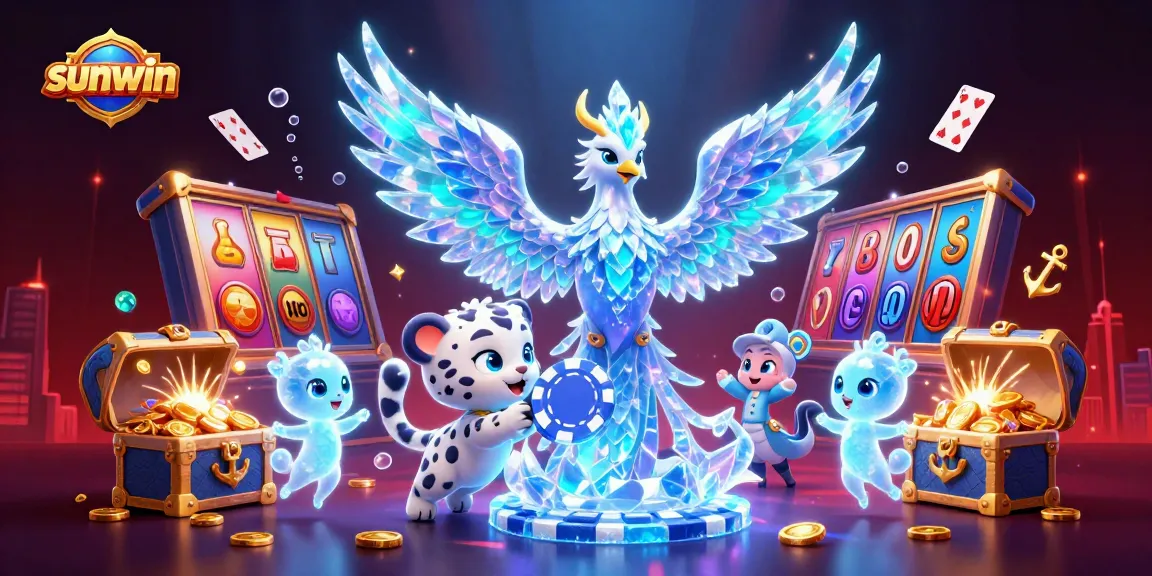 Engage with sunwin gaming excitement, featuring an ice phoenix and a playful snow leopard cub in a colorful casino scene.