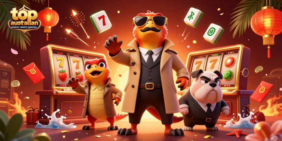 Engage with top australian online casino games surrounded by animated slot machines and vibrant festival decor.