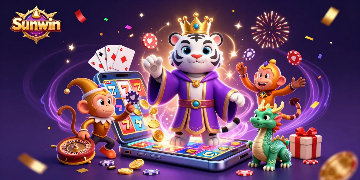 Experience exciting gameplay with Sunwin featuring a regal tiger, playful monkey, and vibrant slot games.